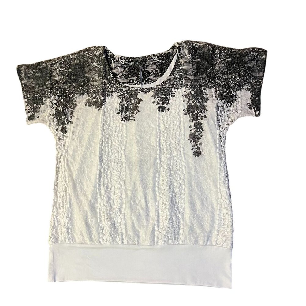 Style & Co Lace Blouse Black Cream Attached Tank Lining Womens L? Used - Picture 3 of 13